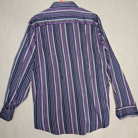 Bugatchi Uomo Purple Striped Dress Shirt Mens XXL Long Sleeve ButtonUp Flip Cuff - Picture 4 of 11